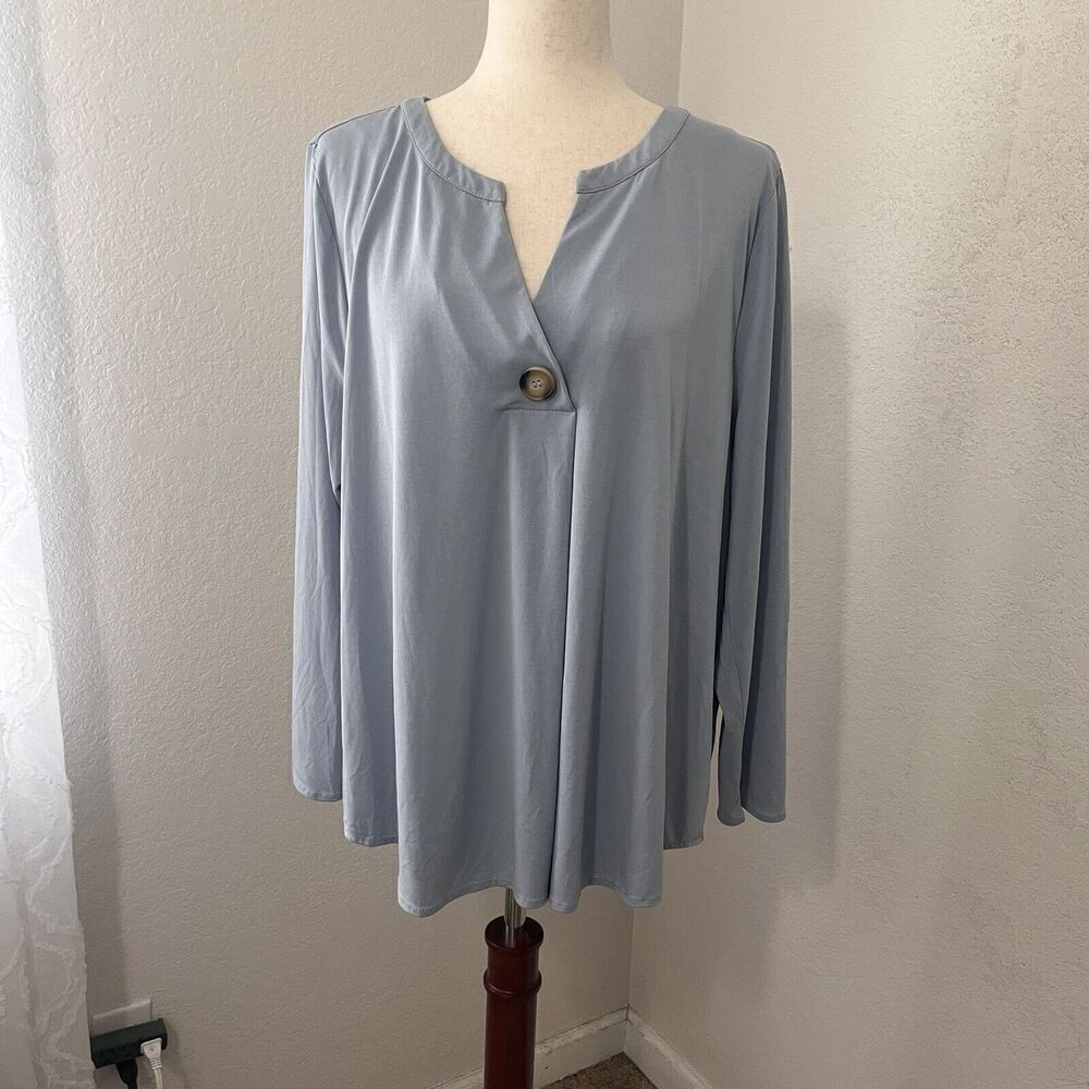Soft Surroundings Womens Top V Neck Rayon Size 1X Blue Casual Long Sleeve